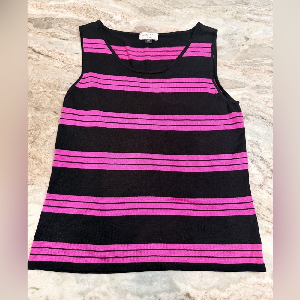 Tahari Arthur S Levine Petite Knit Tank Black Pink Striped 10P